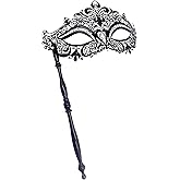 Geek-M Masquerade Mask with Stick Women Men Mardi Gras Mask Rhinestone Metal Mask Costume Masks for Party Prom Ball