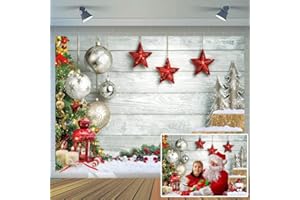 CYLYH 7X5FT Christmas Backdrop White Wood Floor Photography Backdrop Winter Snow Christmas Balls Xmas Tree Gift Family Party Photo Background New Year Party Banner Backdrop