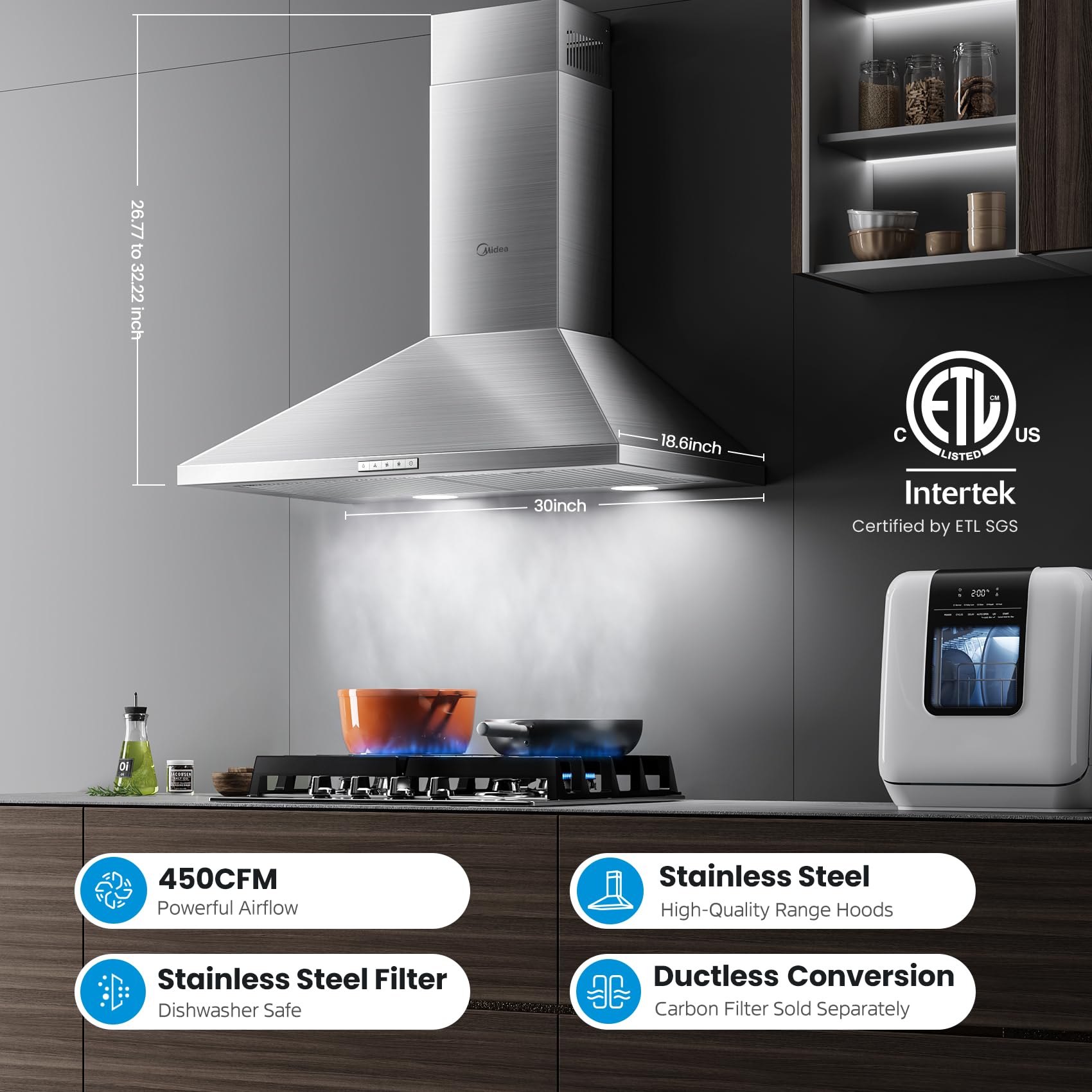 Midea MVP30W6AST Ducted Pyramid Range 450 CFM Wall Mount Vent Hood with 3 Speed Exhaust Fan, Stainless Steel Permanent Filters, Two LED Lights, Convertible to Ductless, 30 inches