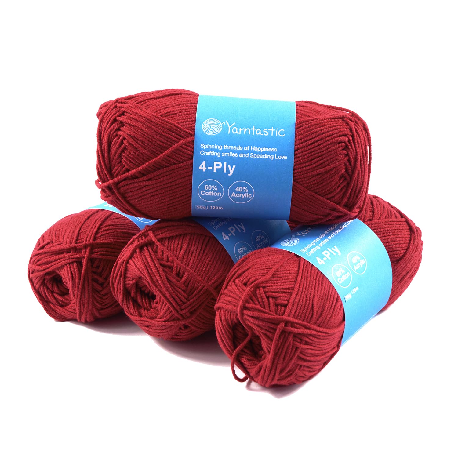 Yarntastic 50g x 4 Balls in a Pack, 4 Ply Yarn, 16 Wraps per inch (About 2.5cm), 60% Cotton 40% Acrylic Blended, 43 Colour Choices; for Knitting, Crochet, Amigurumi, Baby Blanket, Clothing and Others