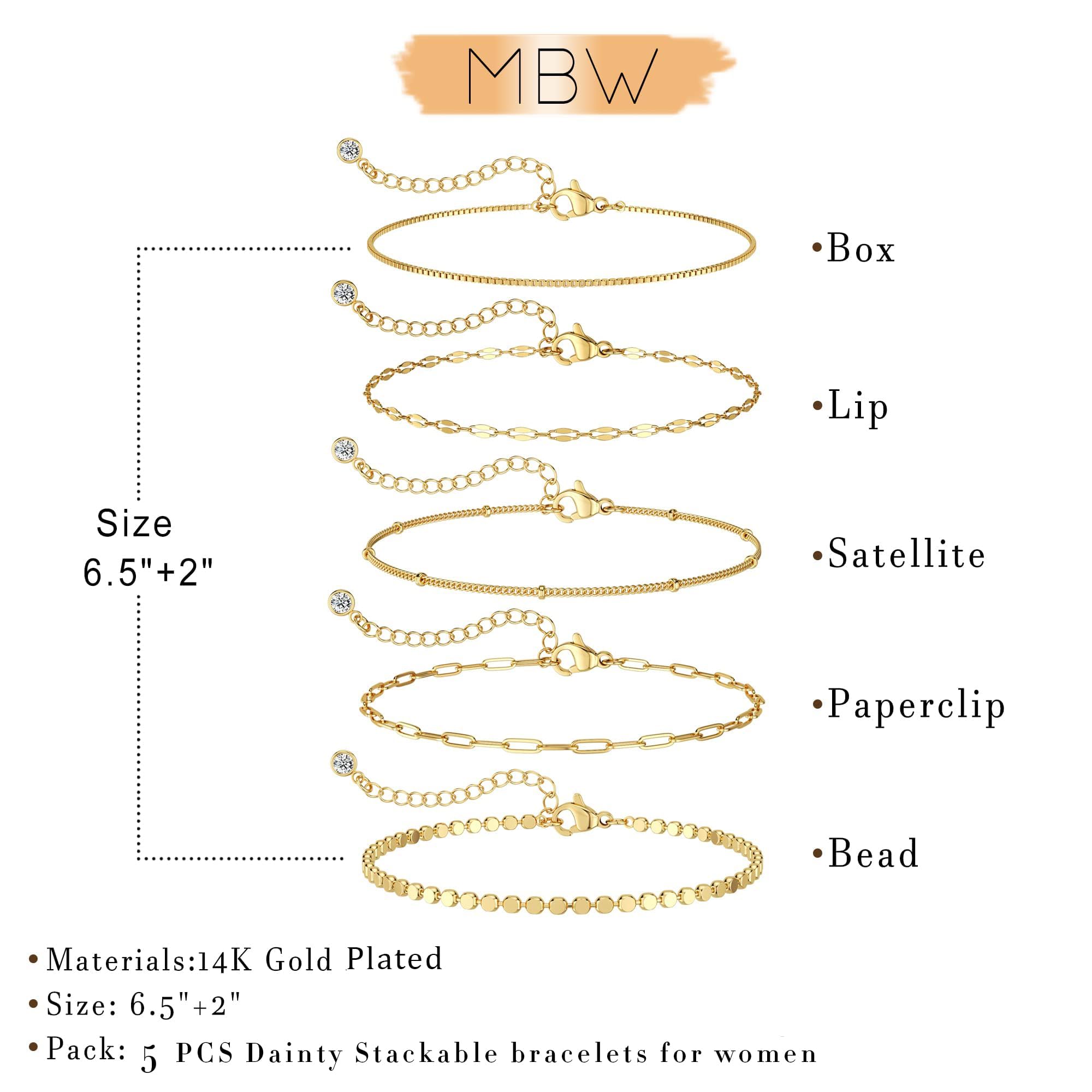 MBW Gold Bracelets for Women Trendy, Dainty 14K Gold Plated Bracelet Stack Beaded Chain Bracelet Set Thin Small Cute Paperclip Bracelets Fashion Waterproof Jewelry Gift Gold Accessories for Women