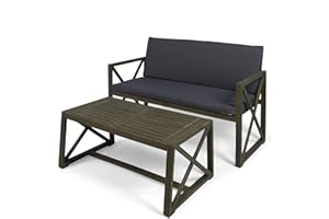 Great Deal Furniture Hazel Outdoor Acacia Wood Loveseat with Coffee Table Set with Cushions, Gray and Dark Gray