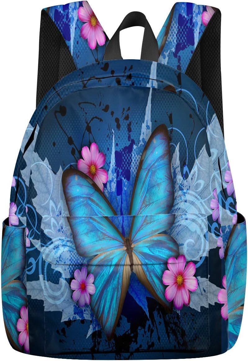 School Backpacks for Boys Girls Book Bag Lightweight Casual Schoolbag Travel Daypack Blue Butterfly Print