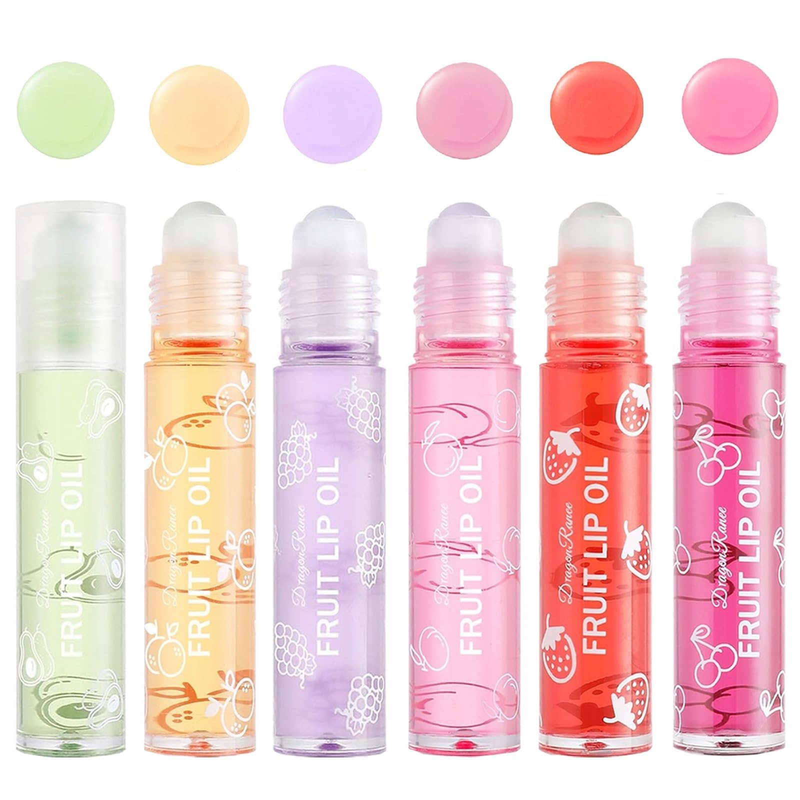 Gireatick 6PCS Fruity Flavors Rolling Ball Lip Oil Set, Long Lasting Moisturizing Lip Balm, Roll-On Lip Gloss Set, Glossy Lip Make-up for All Age, Transparent Lip Gloss for Dry and Chapped Lips