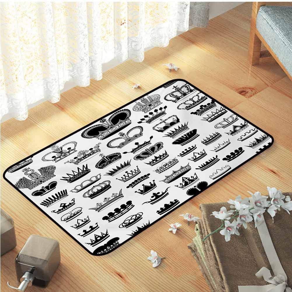 Queen Door Mats, Big Silhouette Crown Set Monarchy Imperial Ruler Icons Antique Ancient Vintage Soft Bedroom Rugs Good Elasticity,Corrosion Resistant for Indoor Outdoor, W31 x L47 Black and White
