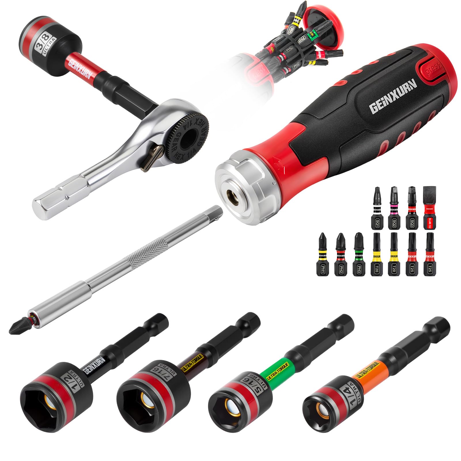 Photo 1 of Geinxurn 19 Pieces Ratcheting Screwdriver Set, Mini Rachet Wrench, Rachet Screwdriver Handle and Nut Driver with 12 Pcs Impact Screwdriver Bits, Portable Hand Tools Set for Repair DIY
