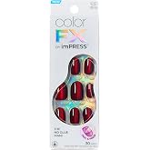 Kiss colorFX by Impress Press On Nails, Hidden Gem, 30 No Glue Peel and Stick Nails Kit with IMPROVED Adhesive, Red Short Oval Chrome Effect, Includes Prep Pad, Manicure Stick &amp; Mini File