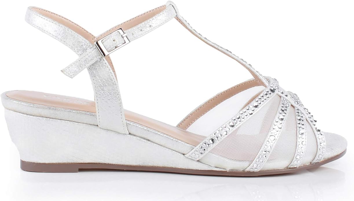 Paradox London Women's Ladies Champagne Glitter Diamante Mesh 'Jillly' Mid Heel Wedge Extra Wide 