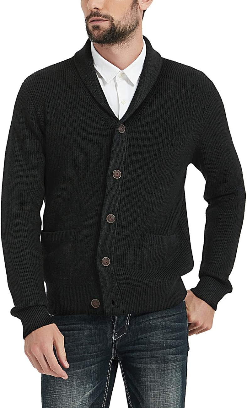 Kallspin Men's Merino Wool Blended Shawl Collar Cardigan Sweater Button