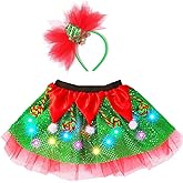 EARENT Light Up Christmas Tutu with Red Xmas Tree Headbands Glitter Green Red Tutu with Headband Festival Tulle Tutus Set