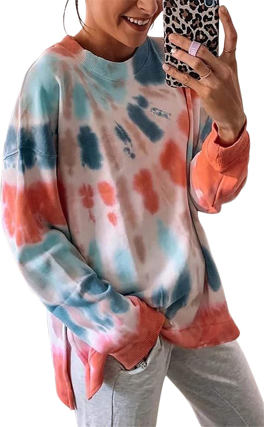 NEYOUQE Women Tie Dye Crewneck Pullover Sweatshirt Casual Color Block Loose Long Sleeve Tops