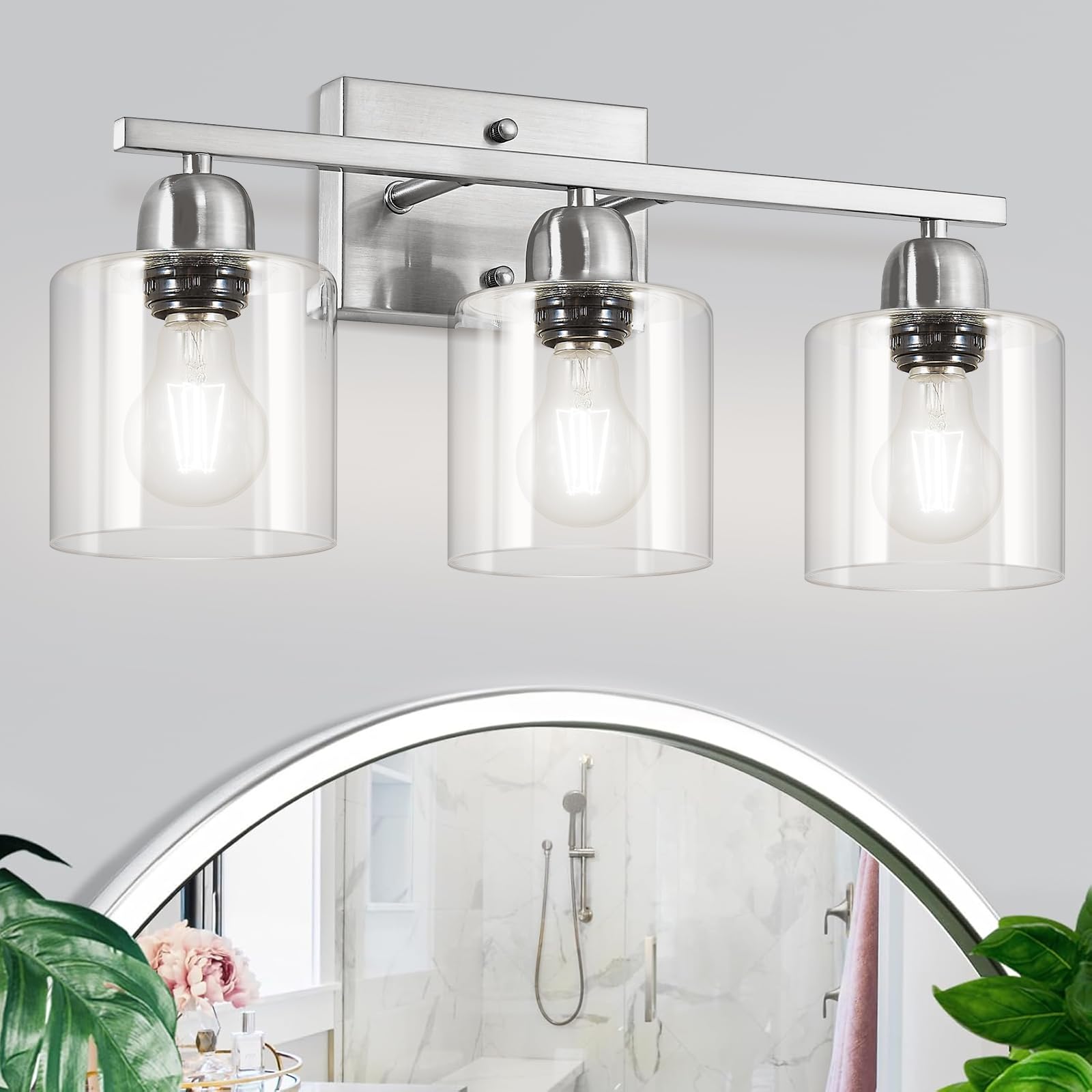 Photo 1 of FAISHILAN Brushed Nickel Bathroom Light Fixtures, 3-Light Modern Vanity Light Over Mirror, Wall Sconces with Clear Glass, E26 Socket