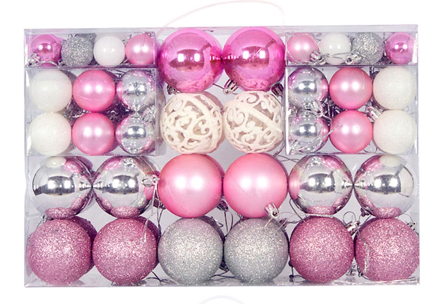 BSTMOME 2025 New 100 PCS Christmas Balls Ornaments, 3 Colors Shatterproof Christmas Tree Baubles Combination for Festival Celebration Xmas Tree Wedding Party Decor 3 Sizes (Pink+White+Silver)