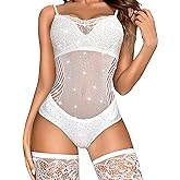 RSLOVE Women Lingerie Fishnet Teddy Bodysuit Sparkle Rhinestone Mesh Lingerie with Thigh High Stockings