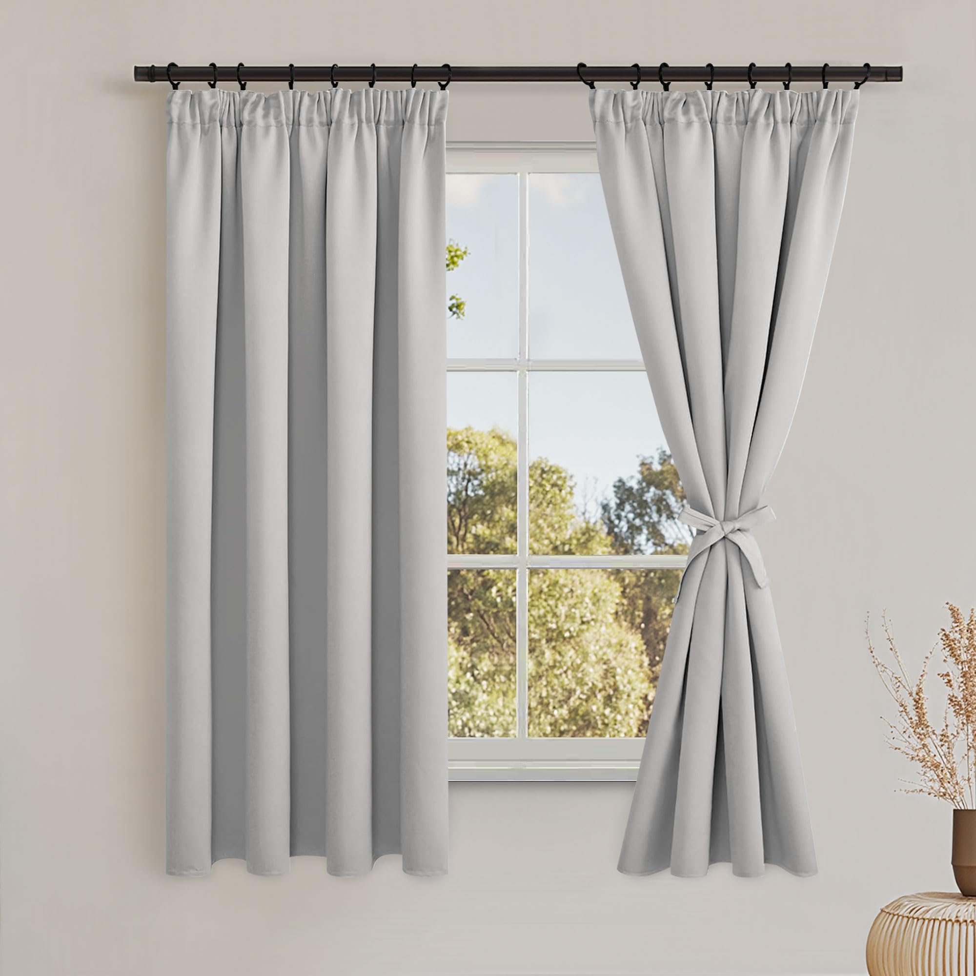 DWCN Silver Grey Blackout Curtains for Bedroom Thermal Insulated Drapes with Tiebacks Pencil Pleat Curtains for Living Room 46 x 54 inch Length, 2 Panels