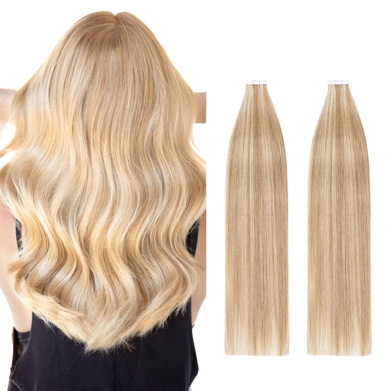 40PCS Tape Hair Extensions 22inch Balayage Real Remy Human Hair 100g #12P613 Golden Brown&Bleach Blonde Skin Weft