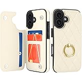 IKOLYS Wallet Case for iPhone 17 with Card Holder, Ring Kickstand Card Slots Leather Case with Double Magnetic Clasp Shockproof Phone Cover 6.3 Inch 2025, Beige
