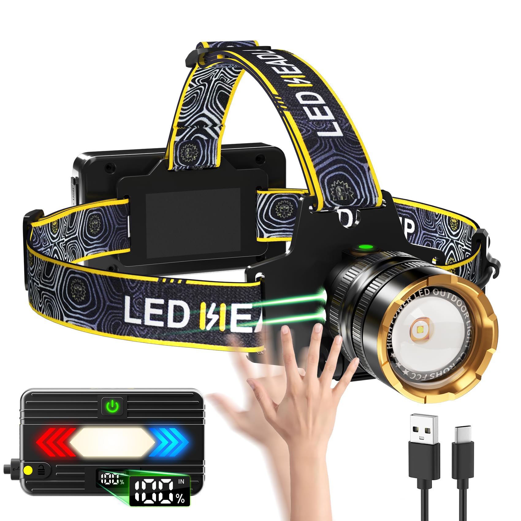 Photo 1 of K Headlamp 1000 Lumens Rechargeable LED Head Lamp with Sensor, Super Bright Headlight Outdoor, 12 Lighting Modes, IPX7 Waterproof and Zoomable, Headlamps for Adults Camping Hiking Running
