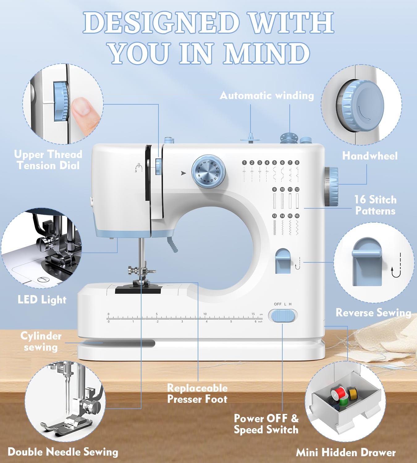 Sewing Machine for Beginners with 16 Built-in Stitches, Small Sewing Machine with Accessory Kit, 2-Speed, Foot Pedal & Storage Drawer, Portable Full-Feature Design for Home DIY (Blue)