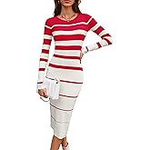 MAKABO Women's Long Sleeve Ribbed Sweater Dress Crew Neck Stripes Bodycon Midi Dresses Casual Knit Stretch Outfits