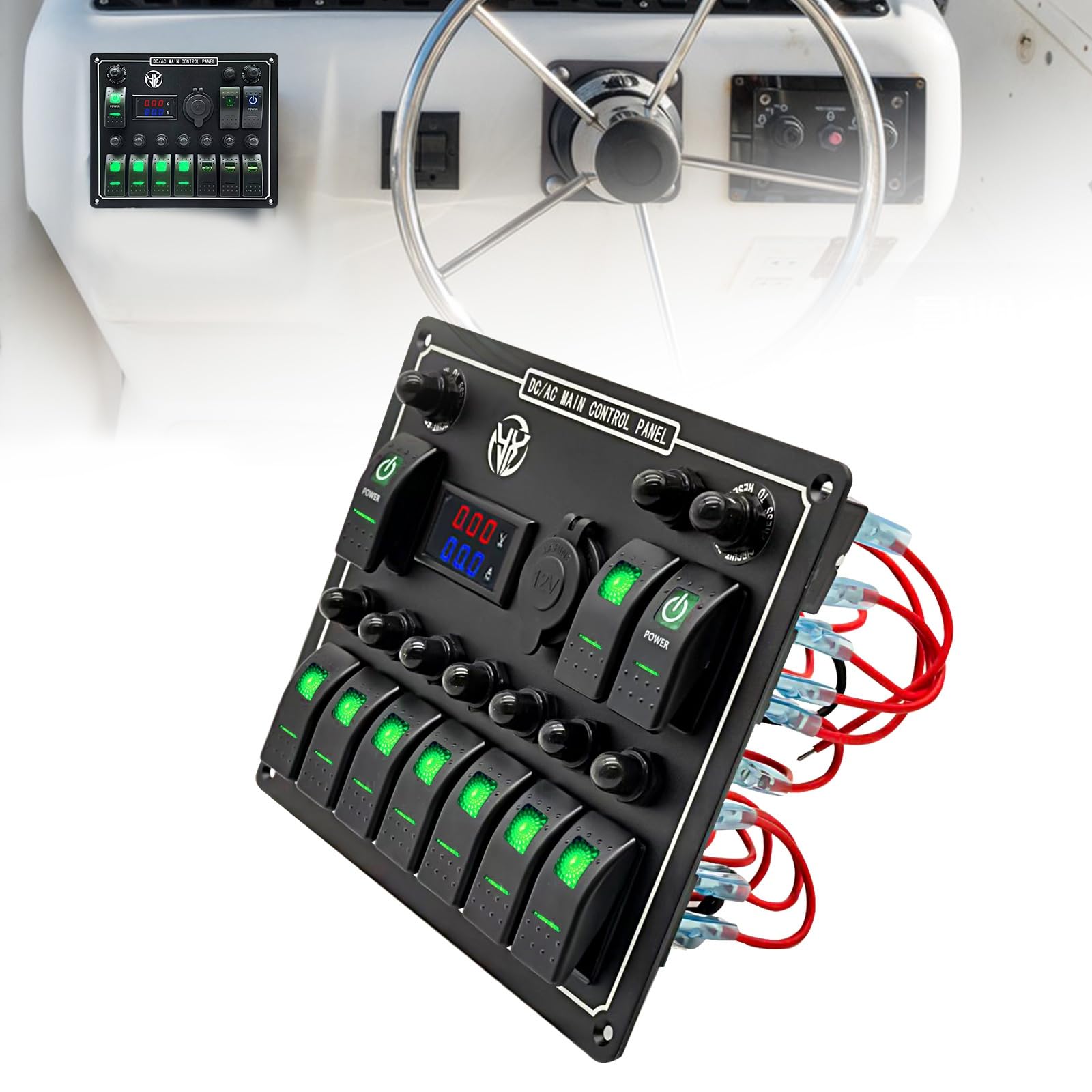 Photo 1 of 10 Gang Rocker Switch Panel,12V/220V -10A/50A, IP65,Waterproof pre Wired,with Cigarette Lighter Power Socket,LED Voltmeter and Ammeter,Suitable for Cars and Yachts