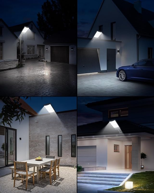 Lampione Solare per Esterno, 6500K Lampada Stradale Solare con Sensore di Movimento, Telecomando, Impermeabili 320° Illuminazione Faretto Solari con Pannello per Giardino, Strada (2 Pezzi)