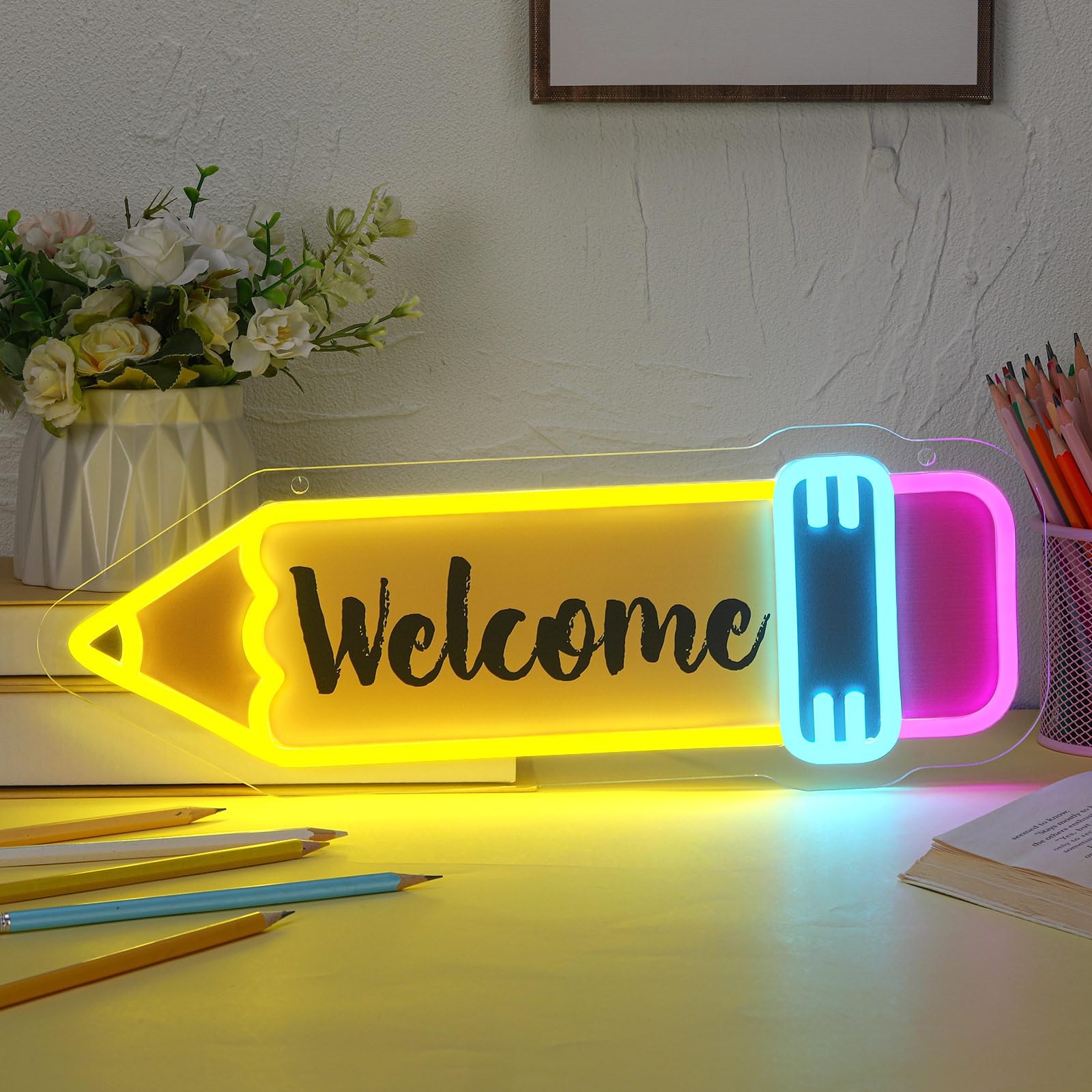 Photo 1 of Retisee Pencil LED Neon Signs with Back to School Wall Decoration 17 x 6 Inches for Classroom Study Area Library