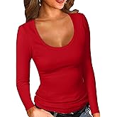 PALINDA Women's Ribbed Scoop Neck Slim Fitted T Shirts Basic Solid Long Sleeve Layering Tee Tops
