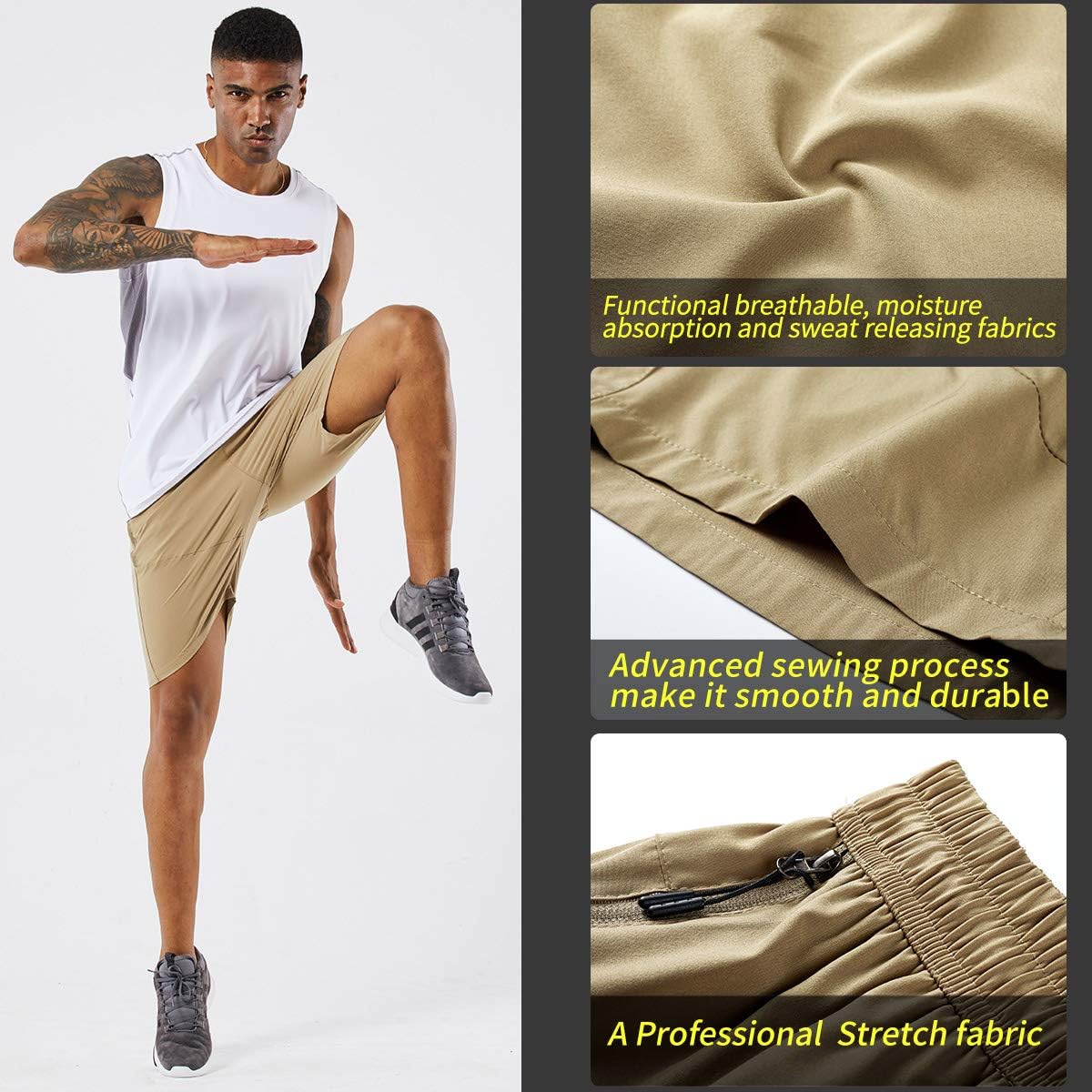YAWHO Men's Workout Running Shorts Sports Fitness Gym Training Quick Dry Athletic Performance Shorts with Zip Pockets: Clothing