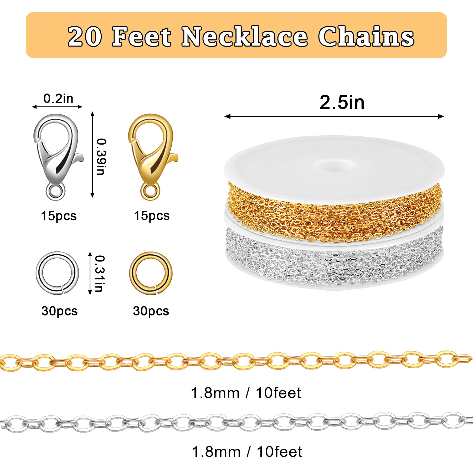 SANNIX 20 Feet Necklace Chains 1.8mm Jewelry Making Chains for Necklace Earring Bracelet Jewelry Making Supplies, Metal Chain Necklace with Lobster Clasps and Jump Rings for DIY Craft, Silver & Gold