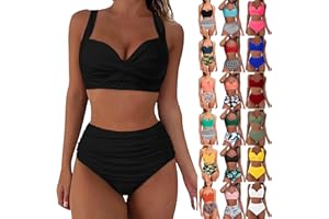 AITEQY Womens Two Piece Swimsuit Retro Halter Ruched High Waist Tummy Control Bikini Floral Tropical Bathing Suits Swimwear
