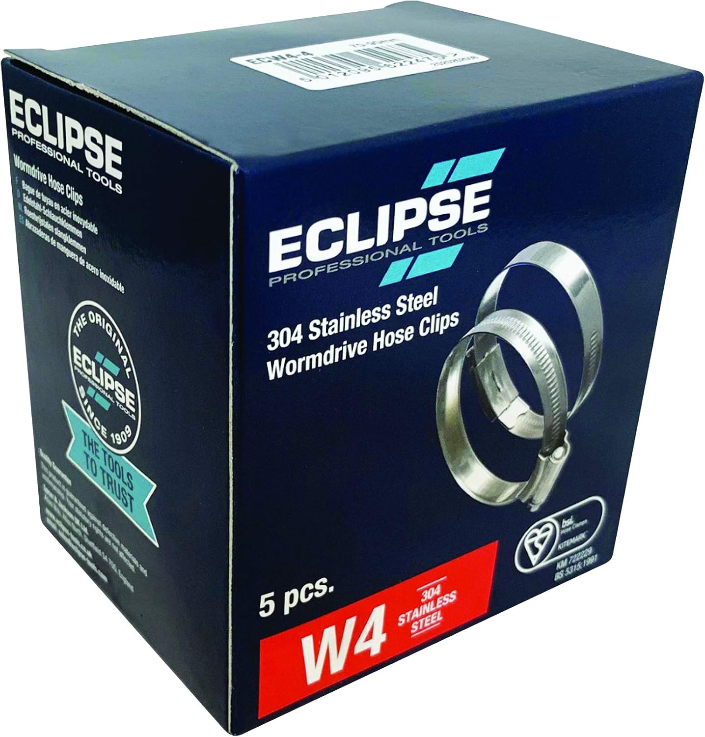 Eclipse Professional Tools ECW4-4 W4 Box of 5 70-90mm (2 ¾" - 3 ½") 304 Stainless Steel Worm Gear Hose Clamps
