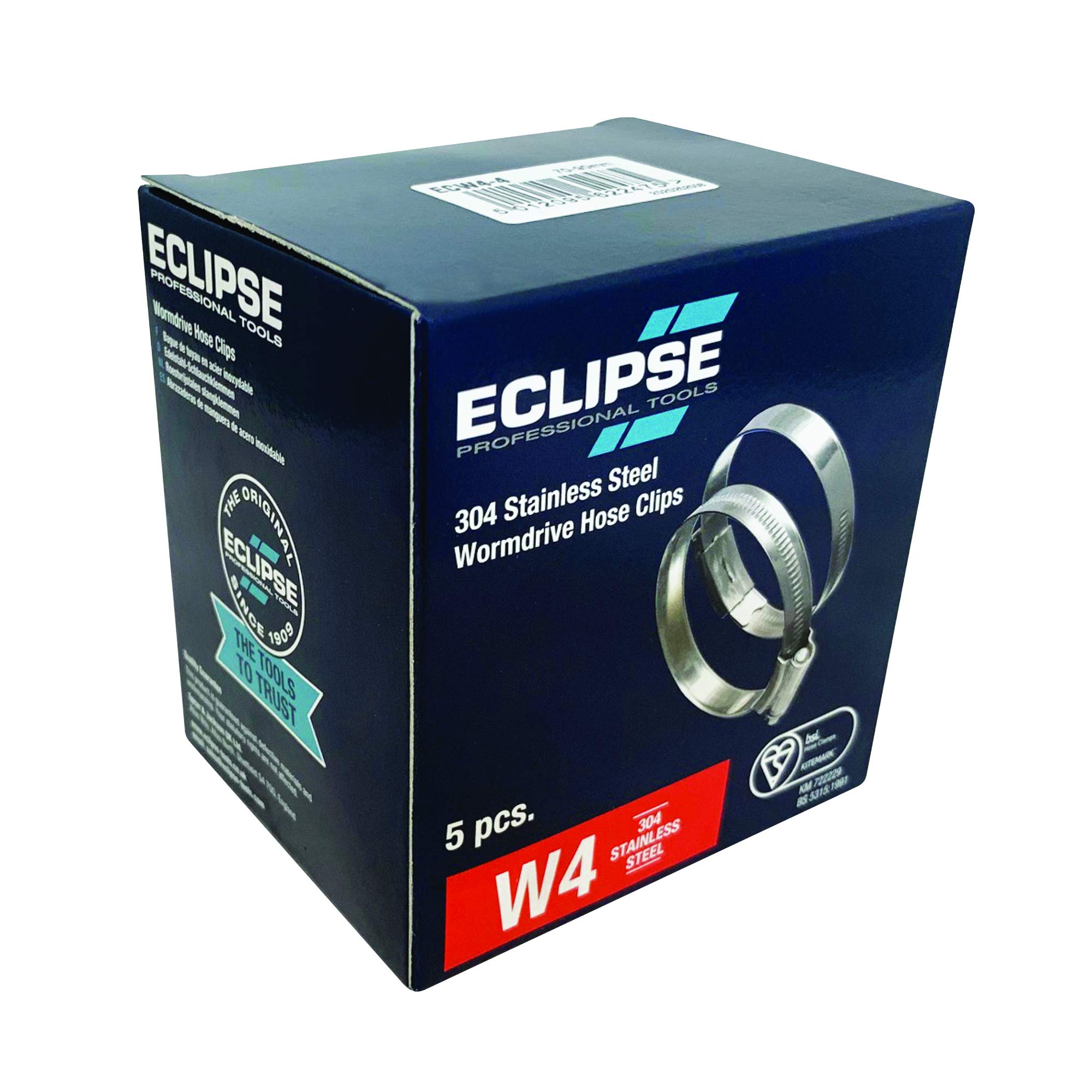 Eclipse Professional Tools ECW4-4 W4 Box of 5 70-90mm (2 ¾" - 3 ½") 304 Stainless Steel Worm Gear Hose Clamps — image 1