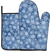 Winter Navy Blue Snowflake Oven Mitts and Pot Holders Sets Heat Resistant Non Slip Blue Xmas/Christmas Snow Kitchen Gloves Hot Pads Potholders 2 Pack Set Holiday Decor for Chef Cooking Bakers Kitchen