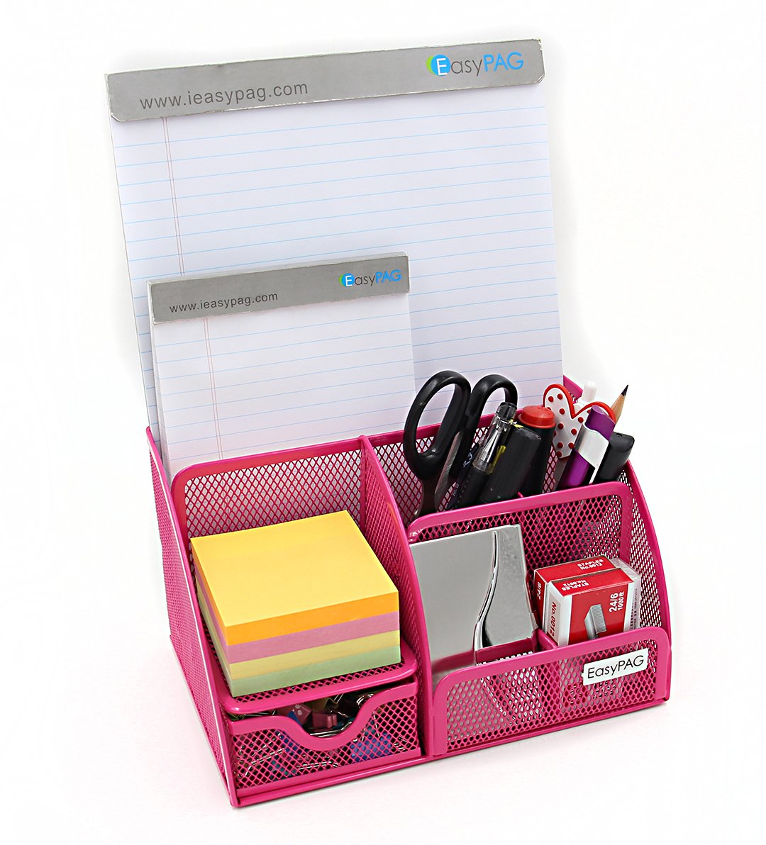 EasyPAG Mesh Office Desk Organizer 6 Compartments with Drawer,Pink