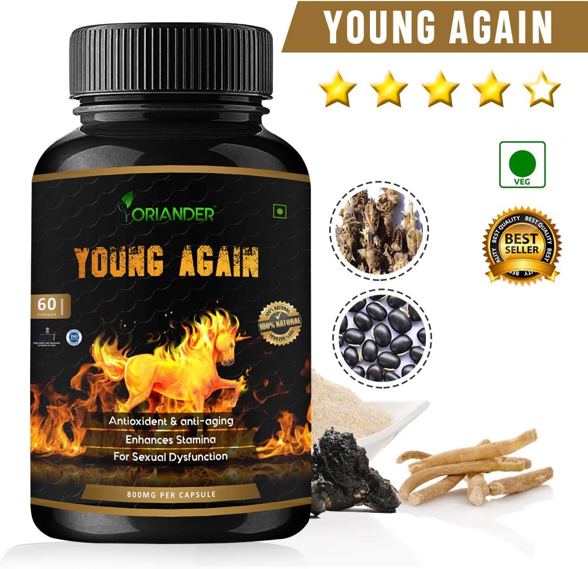 Oriander 100% natural, pure & organic young again extract 800 Mg 60 capsules(Pack Of 1)