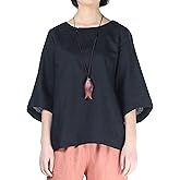 Minibee Women's Linen Blouse Round Neck 3/4 Sleeve Shirt Tops with Chinese Frog Button