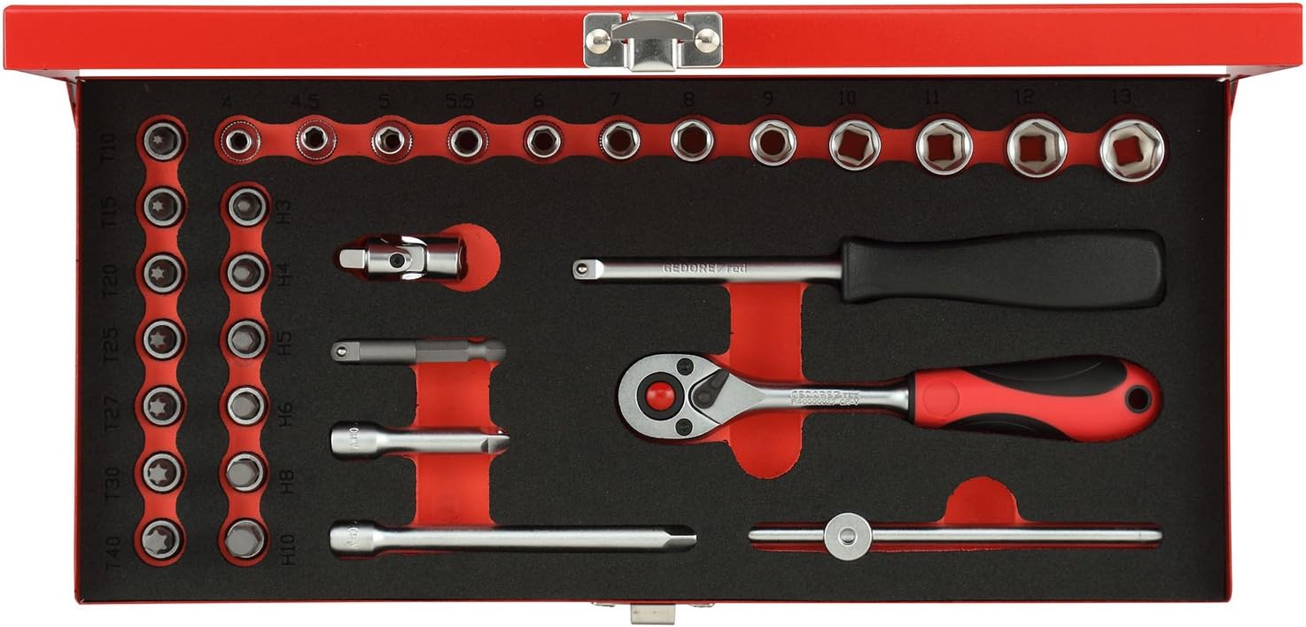 GEDORE Red Socket Spanner Set 1/4 Inch 32-Piece in High-Quality Metal, Multicoloured, 1/4 Zoll
