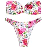 OYOANGLE Women's 2 Piece Bikini Swimsuits Floral Print V Wired Strapless Bandeau Bathing Suits Swimwear