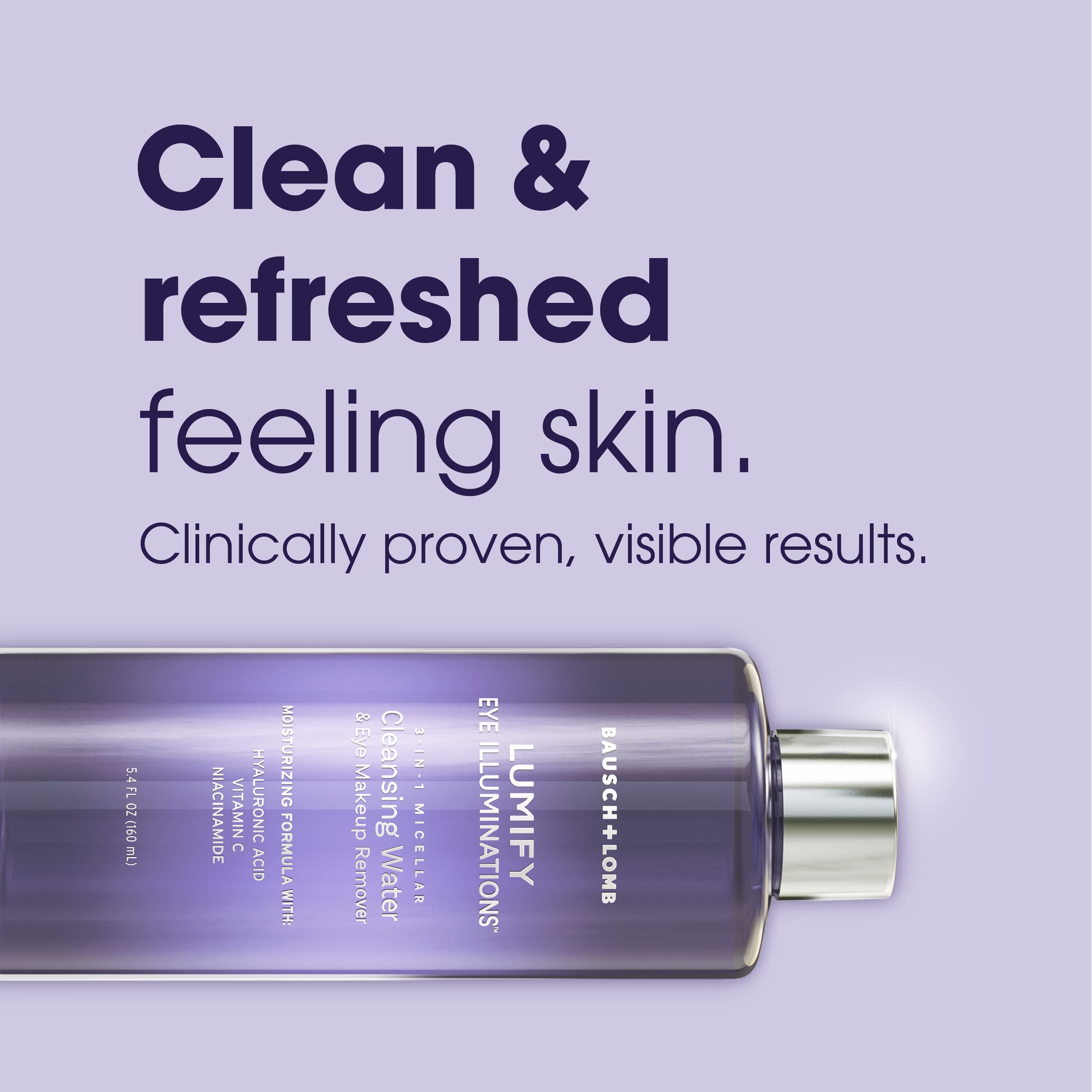 LUMIFY Eye Illuminations Cleansing Water & Eye Makeup Remover, 3-in-1 Micellar Water Contains Hyaluronic Acid, Vitamin C & Niacinamide, Hypoallergenic, Removes Waterproof Makeup, 5.4 Oz (160 mL)