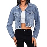 MakeMeChic Women's Crop Denim Jacket Casual Long Sleeve Ripped Frayed Hem Jean Jackets