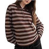 Perbai Women's Rugby Striped Polo Shirt Casual Collared V Neck Button Long Sleeve Y2k Sweatshirt 90s Streetwear