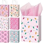 Gersoniel 24 Pcs Pink Christmas Gift Bags Gingerbread Nutcracker Candy Cane Goodie Bags Party Favors with Handles Treat Wrapping Paper Bag with Tissue for Christmas Holiday Party Baby Shower Supplies