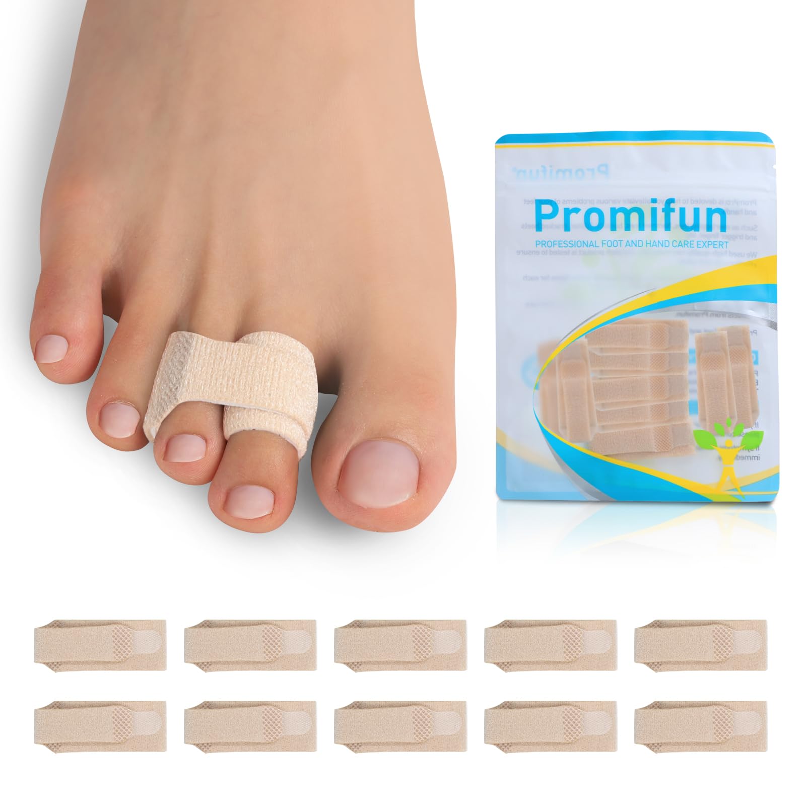 Photo 1 of Promifun 10 Pack Fabric Hammer Toe Corrector, Reusable Broken Toe Protectors Taped Wraps, Hammertoe Straightener, Toe Splint for Broken Toe, Crooked Toes, Bent Toes ?Brown+10S?