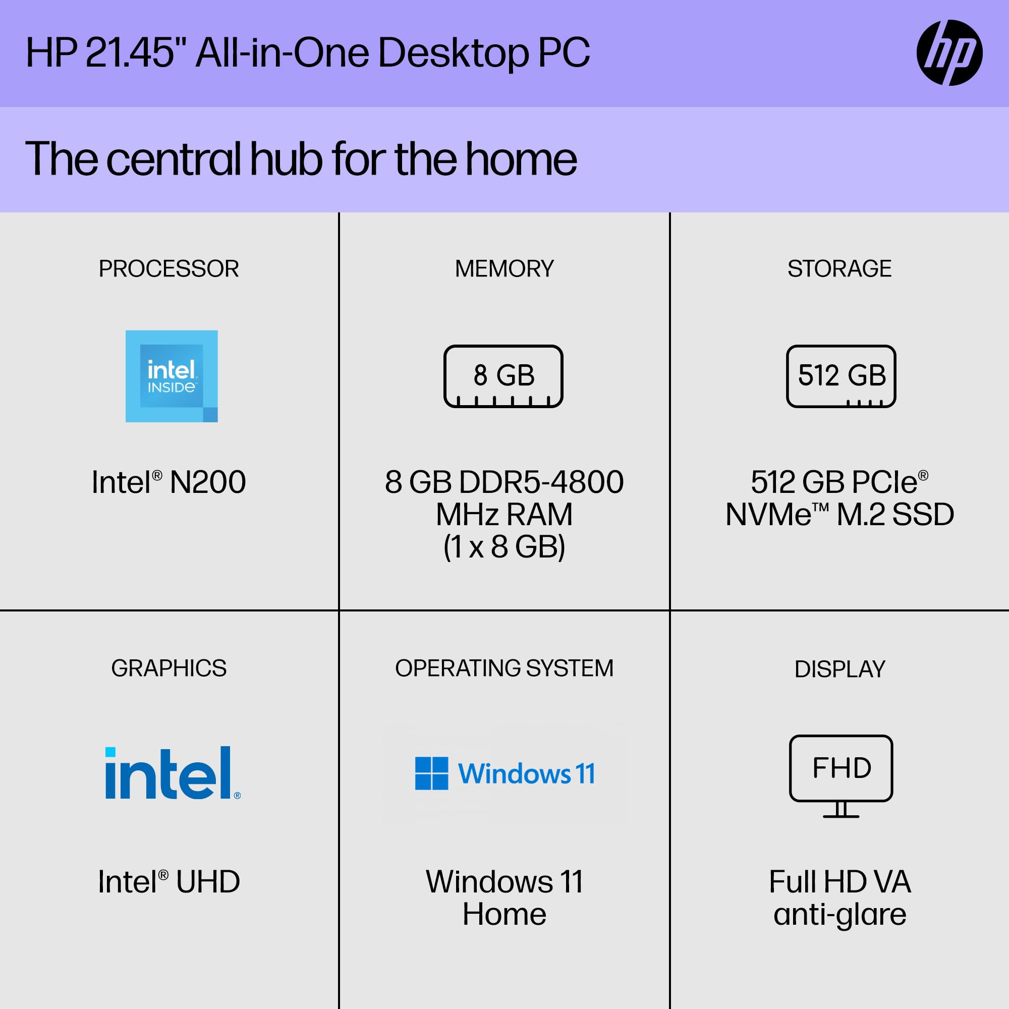HP 22 inch All-in-One Desktop PC, FHD Display, Intel N200, 8 GB RAM, 512 GB SSD, Intel UHD Graphics, Windows 11 Home, 22-dg0040 (2024)