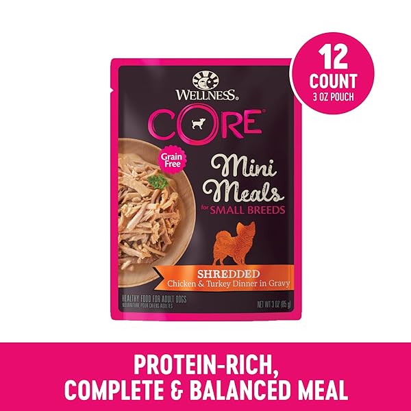 WELLNESS CORE SMALL BREED MINI MEALS SHREDDED IN GRAVY ADULT WET DOG FOOD, GRAIN FREE, NATURAL, CHICKEN AND TURKEY DINNER RECIPE, 3 OZ, PACK OF 12 POUCHES