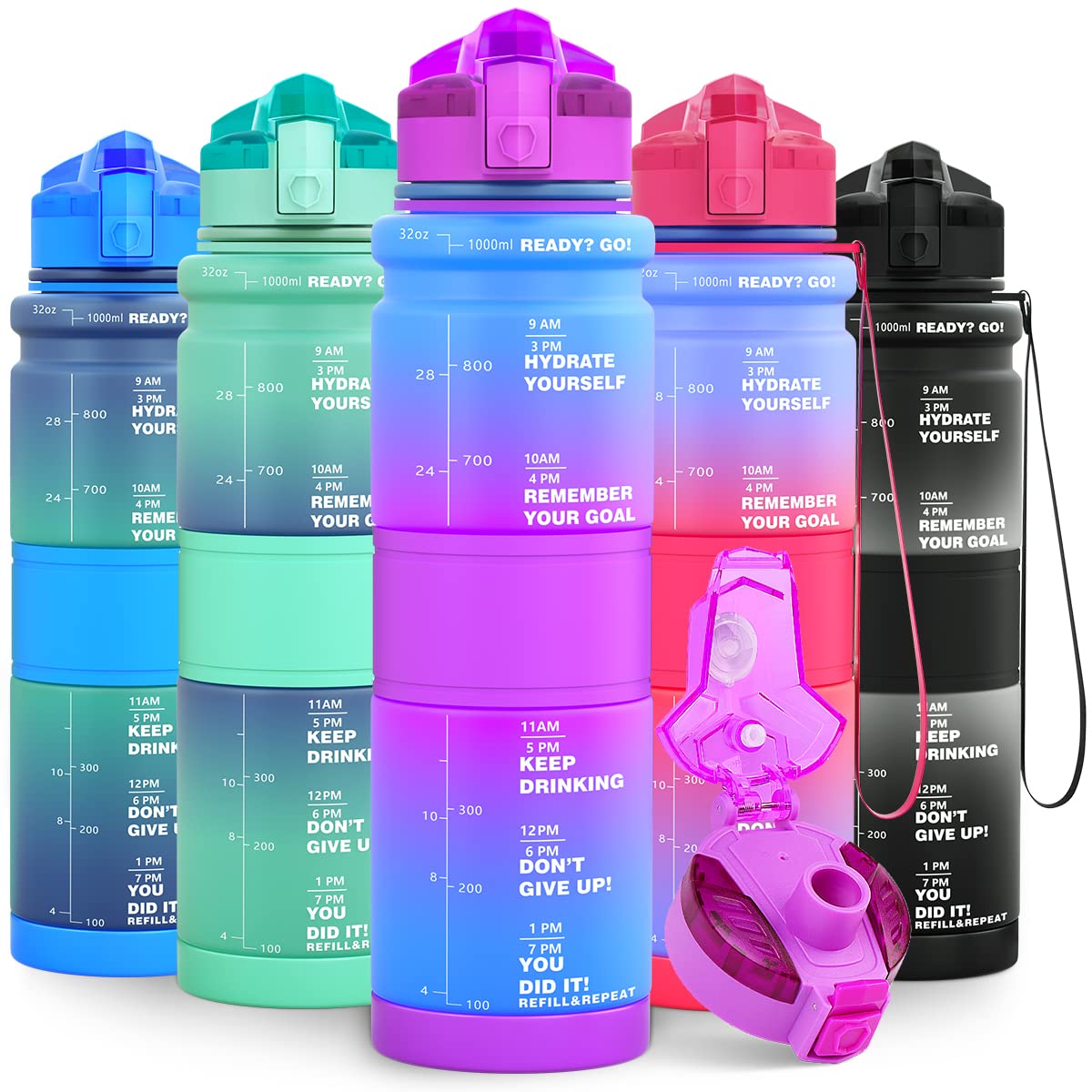 Lunidry 1 Litre Water Bottle, 500ml Kids Water Bottle for School, BPA Free Leakproof Motivational Plastic Drink Bottles with Time Markings, 1l Sports Water Bottles for Running, Gym, Mens