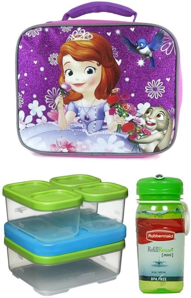 Disneys Sofia The First Lunch Kit/Box, Rubbermaid Lunch Blox Sandwich Kit & Reusable Bottle - This Bundle Includes a Total of 11 Pieces
