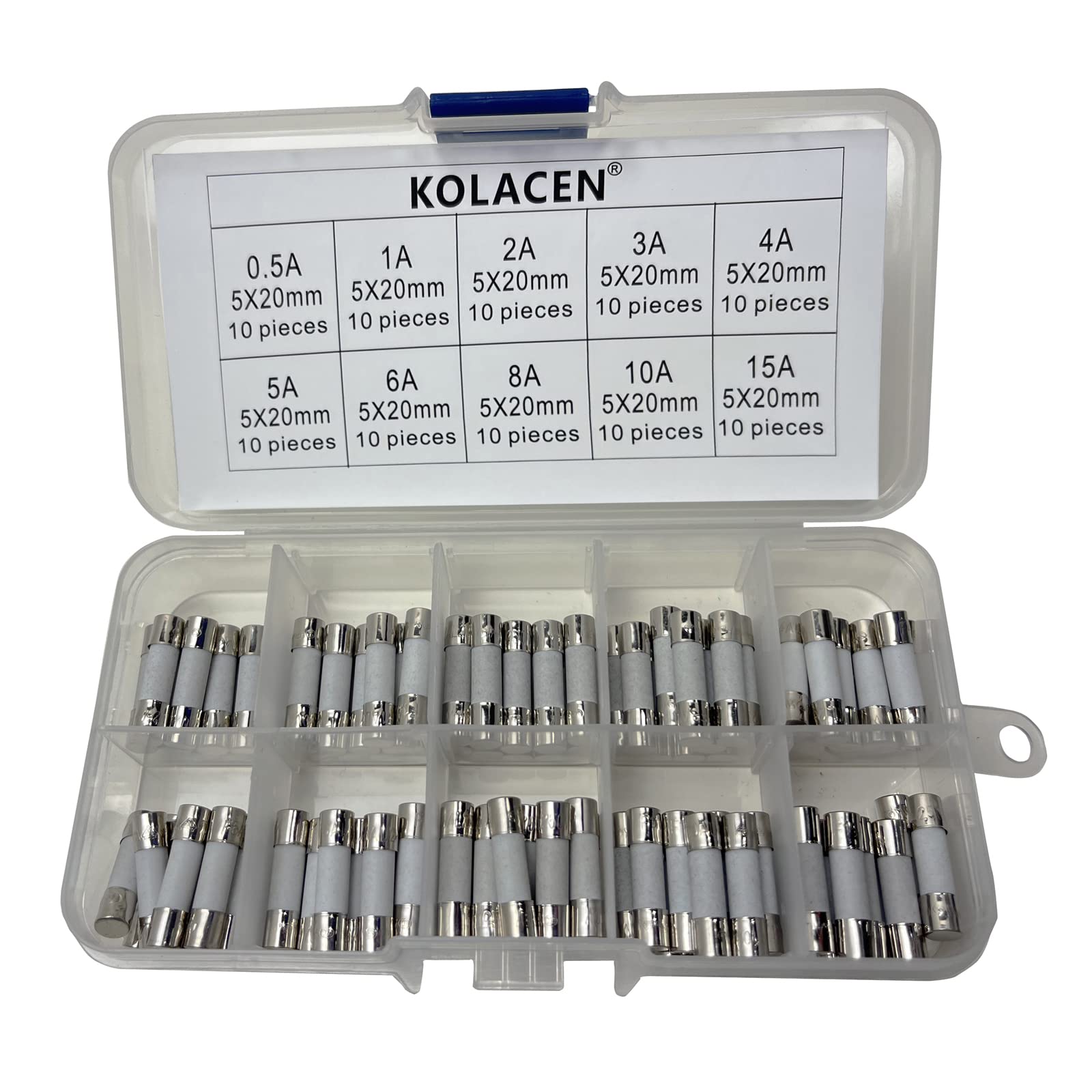 KOLACEN Quick Fast-blow ceramic Tube Fuse 5 x 20 mm Assorted Kit 0.5Amp 1Amp 2Amp 3Amp 4Amp 5Amp 6Amp 8Amp 10Amp 15Amp (Pack of 100)