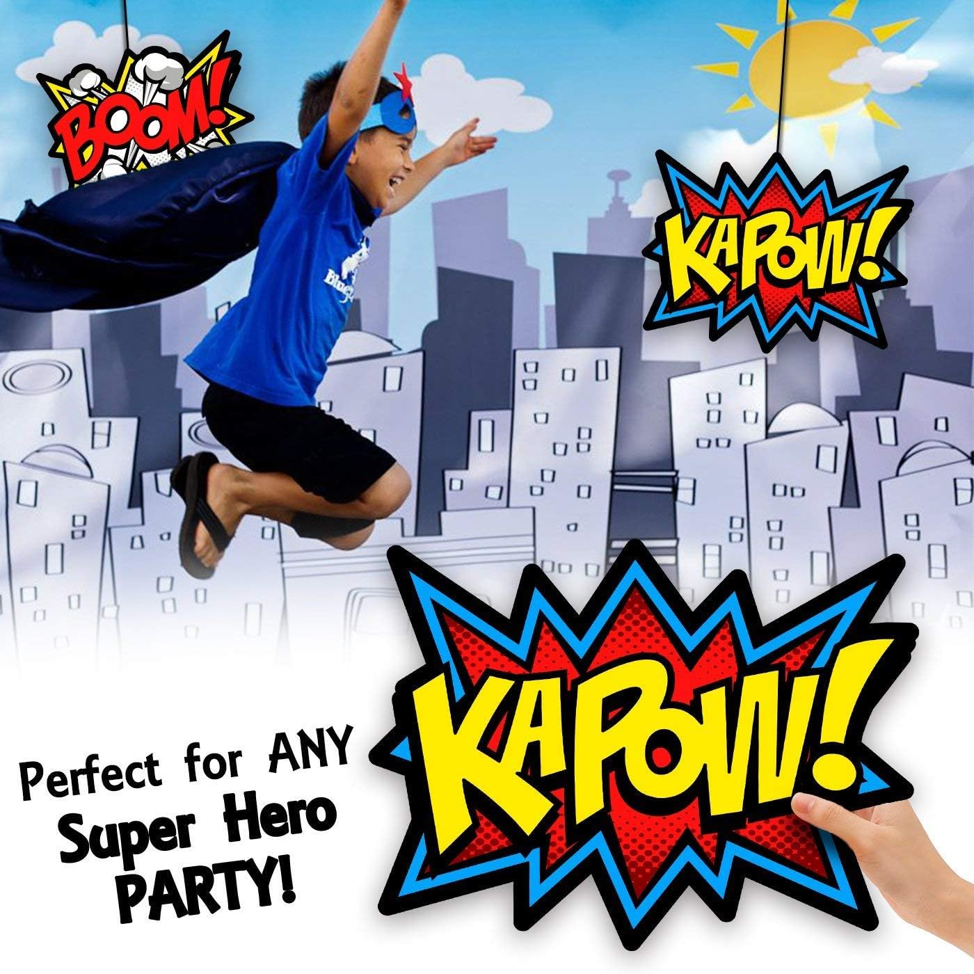 Bigtime Signs Large Superhero Word Cutouts - Birthday Party Supplies Wall Decoration Signs - 12 inches x 16 inches - 12 pcs Light Cardboard Super Hero Cut Words, Sayings, Sounds: Kitchen & Dining